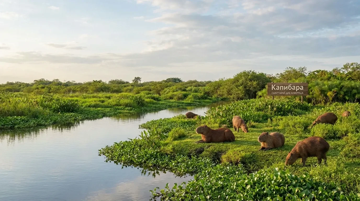 Peaceful second chance animal shelter with capybaras in natural environment